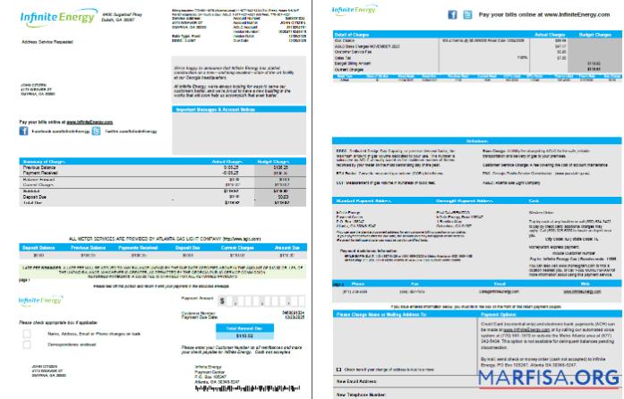 Downloadable USA Infinite Energy utility bill template in Word and PDF formats. 2 pages